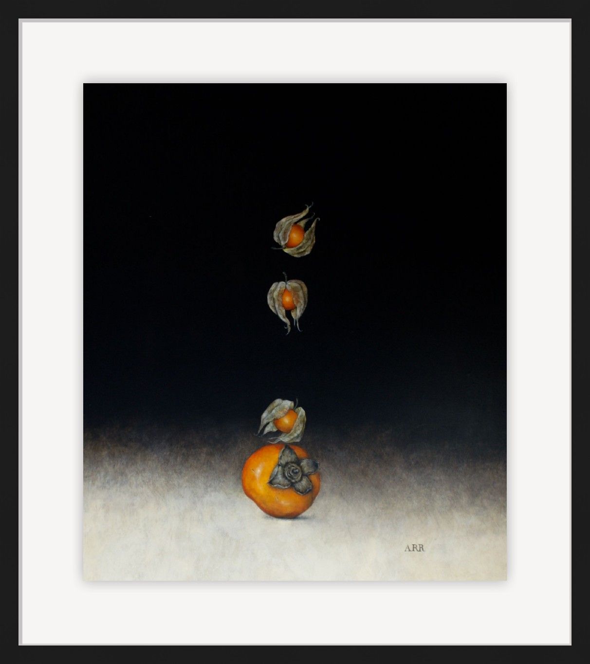 Persimmon with Three Falling Physalis by Alison Rankin