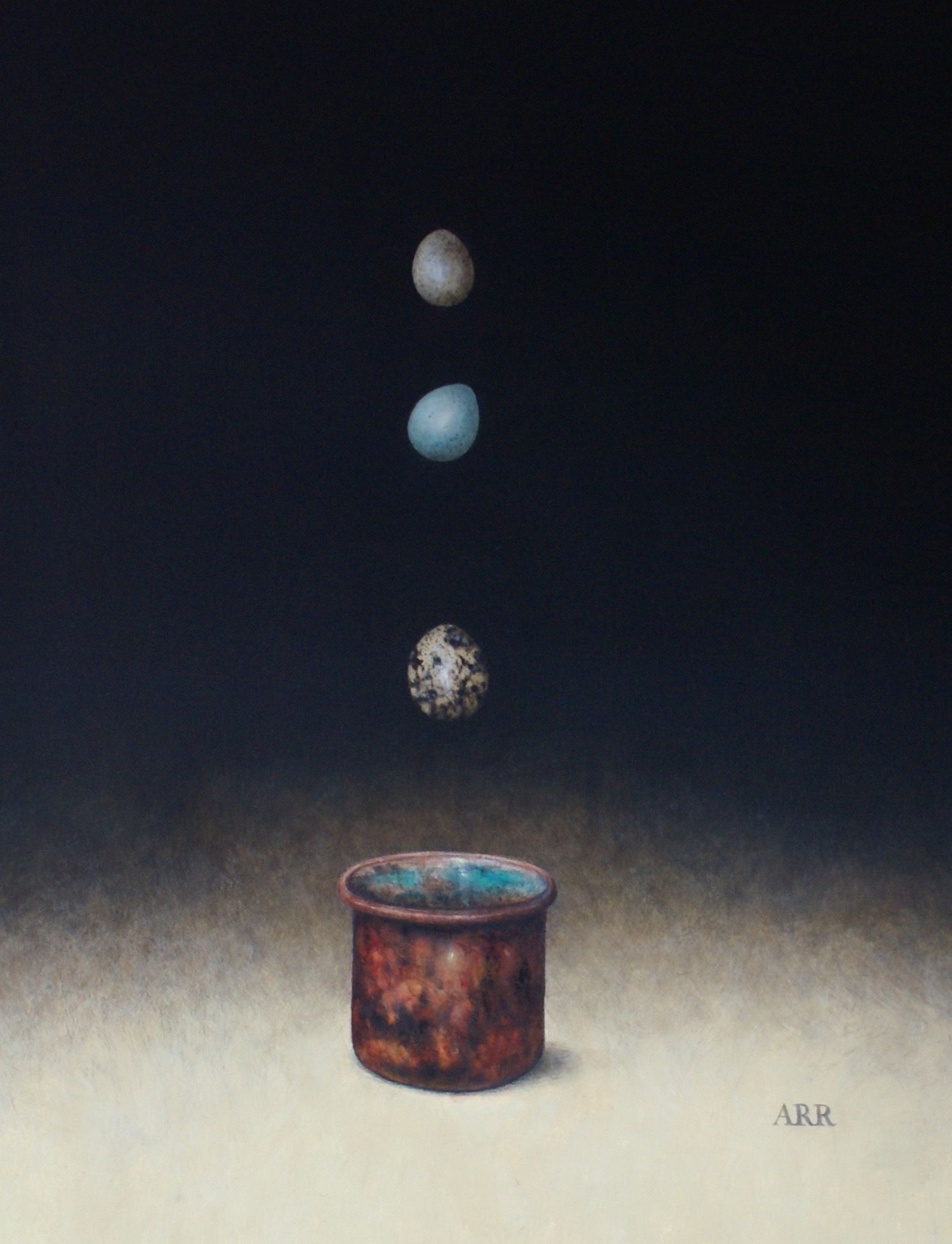 Tarnished Copper Pot with Falling Eggs by Alison Rankin