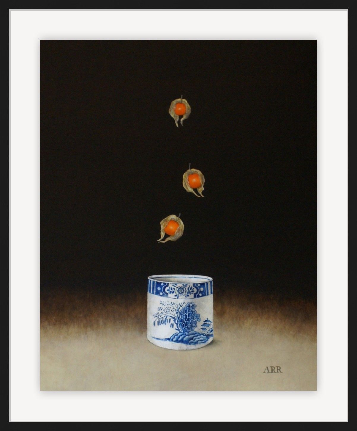 Blue and White Jar with Three Falling Physalis by Alison Rankin