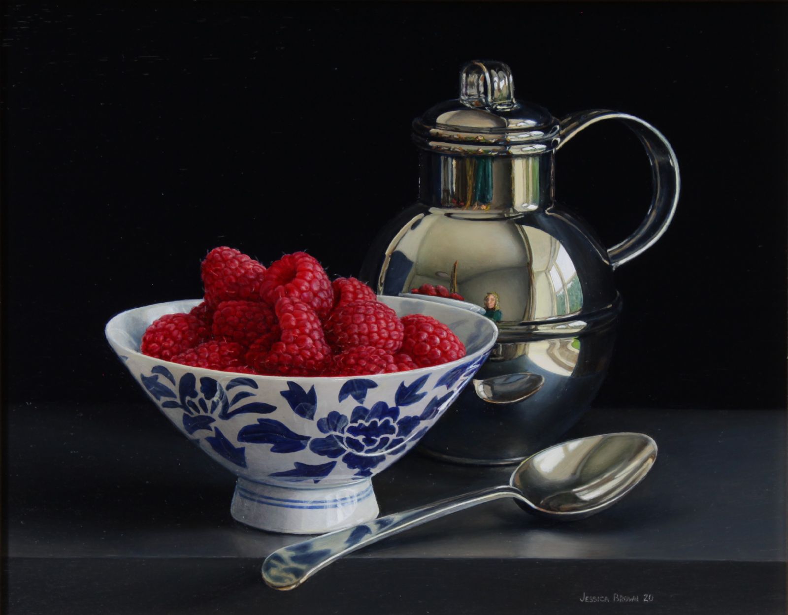 Still Life with Silver Jersey Cream Jug and Raspberries by Jessica Brown