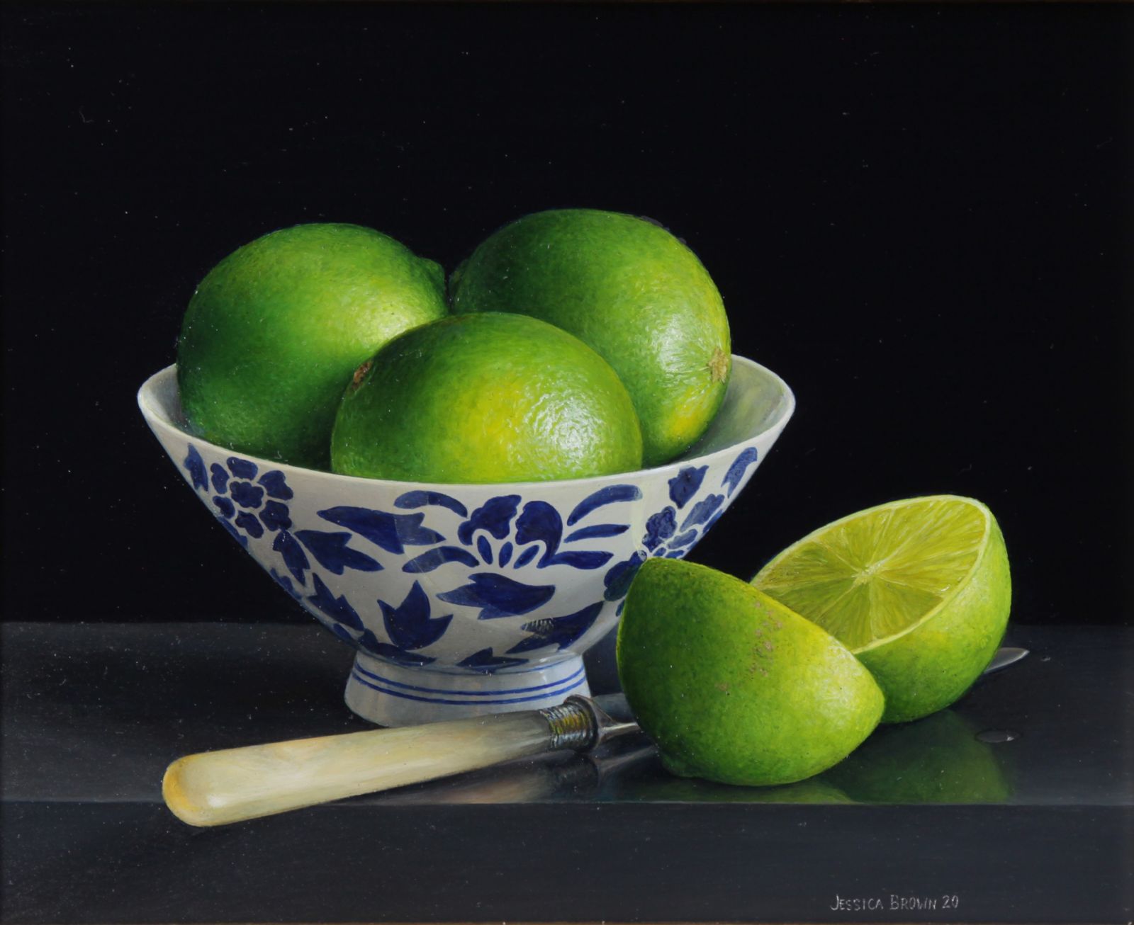 Still Life with Limes in a Porcelain Bowl and Cut Lime by Jessica Brown