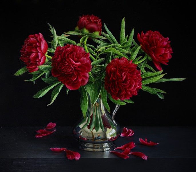 Still Life with Peonies in a Silver Vase by Jessica Brown