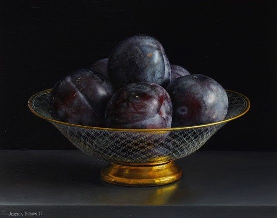 Still Life with Black Plums in an Engraved and Gilded Glass Bowl by Jessica Brown