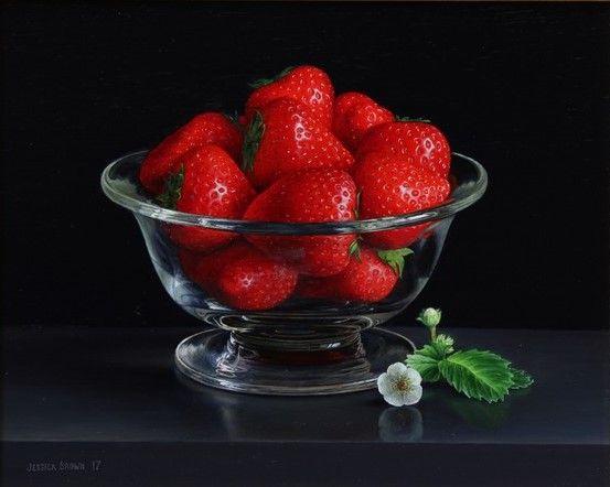  Still Life with Strawberries in a Crystal Bowl, Strawberry Leaves and Flower by Jessica Brown