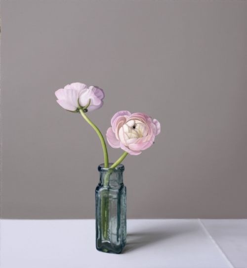 Jo Barrett - Still Life with Pink Ranunculus and Glass Bottle 