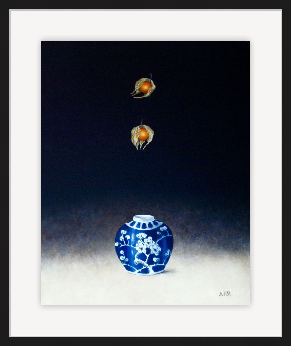 Falling Physalis with Small Blue Ginger Jar by Alison Rankin