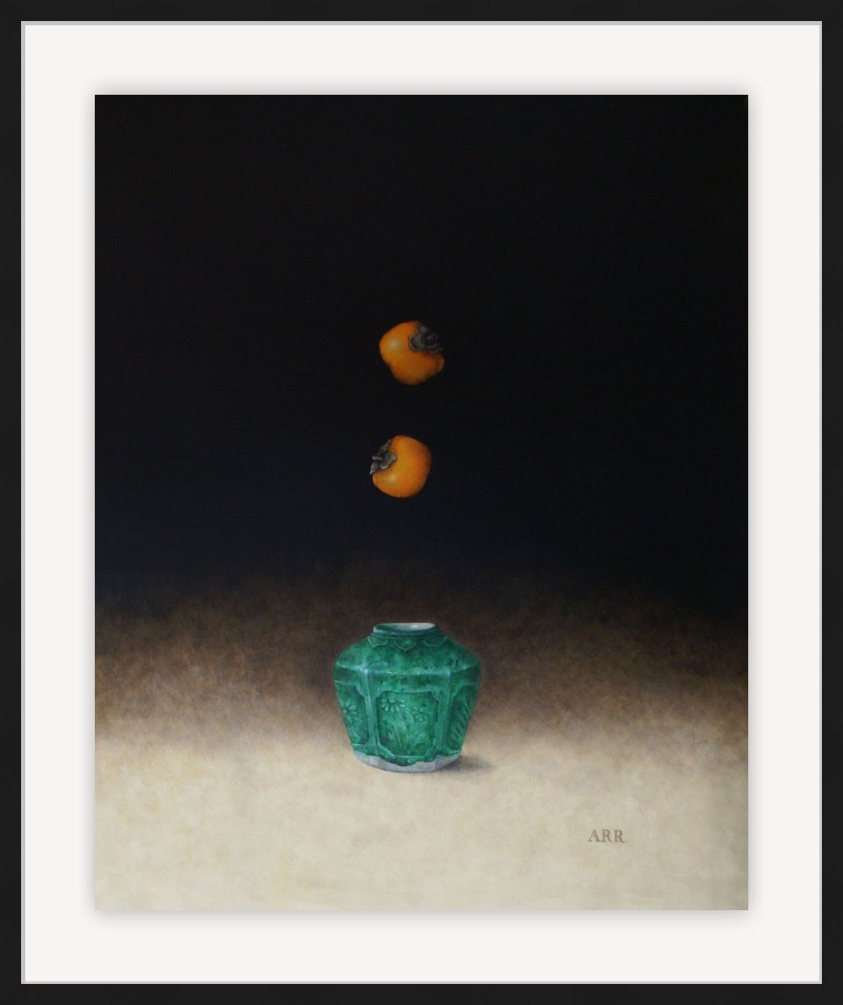 Green Ginger Jar with Two Falling Persimmon by Alison Rankin