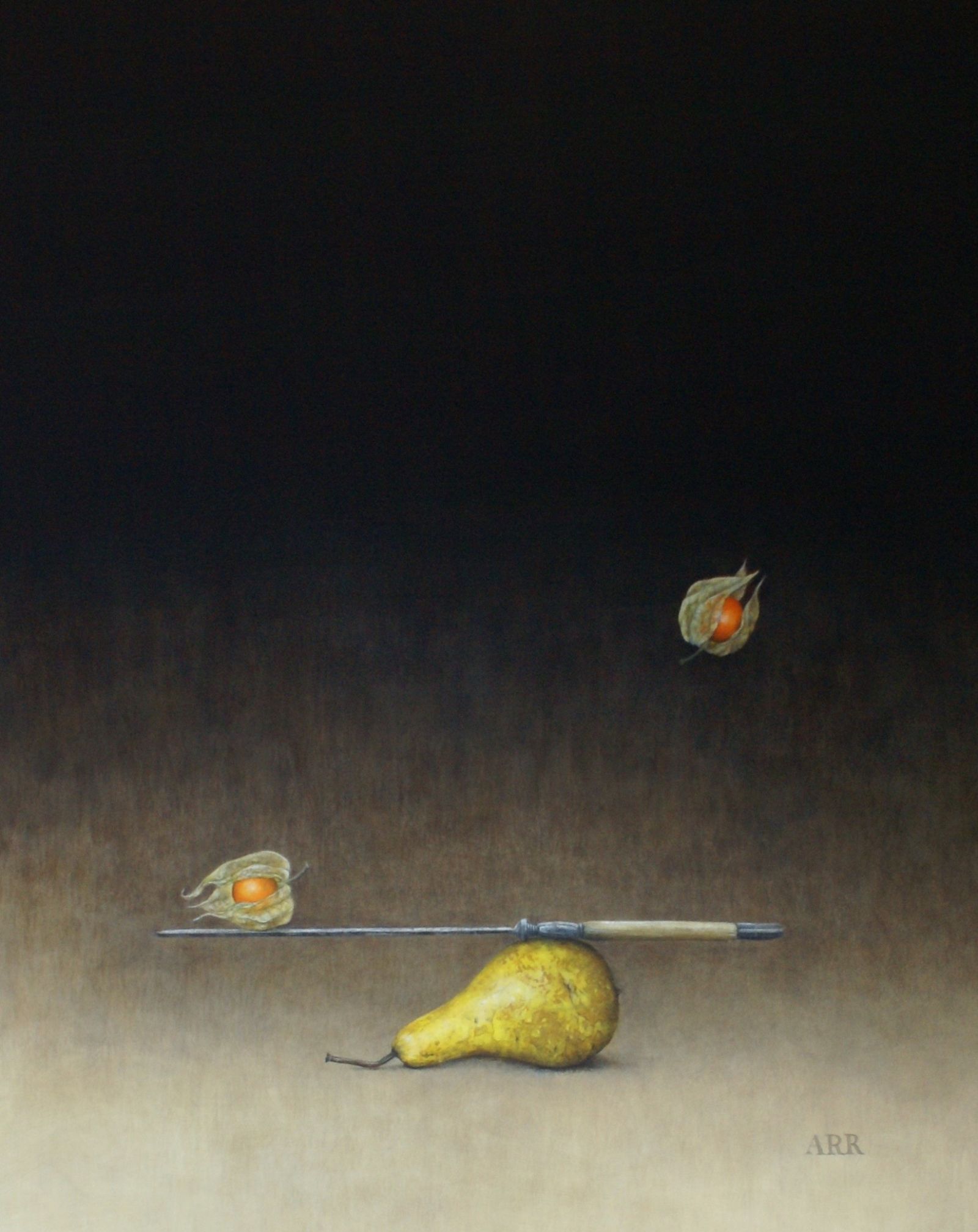 Pear with Balancing Knife and Physalis by Alison Rankin