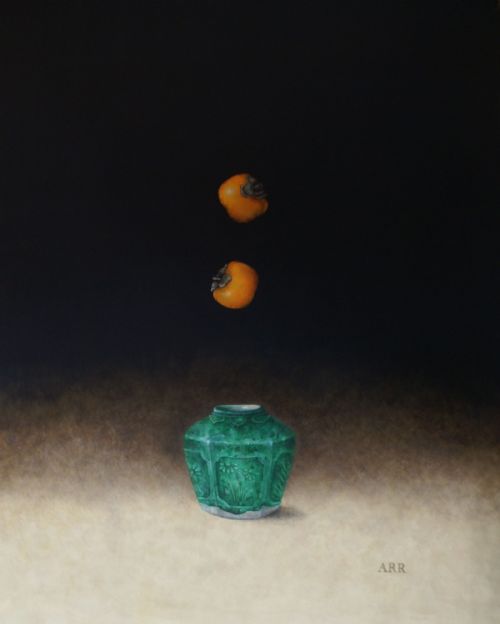Alison Rankin - Green Ginger Jar with Two Falling Persimmon