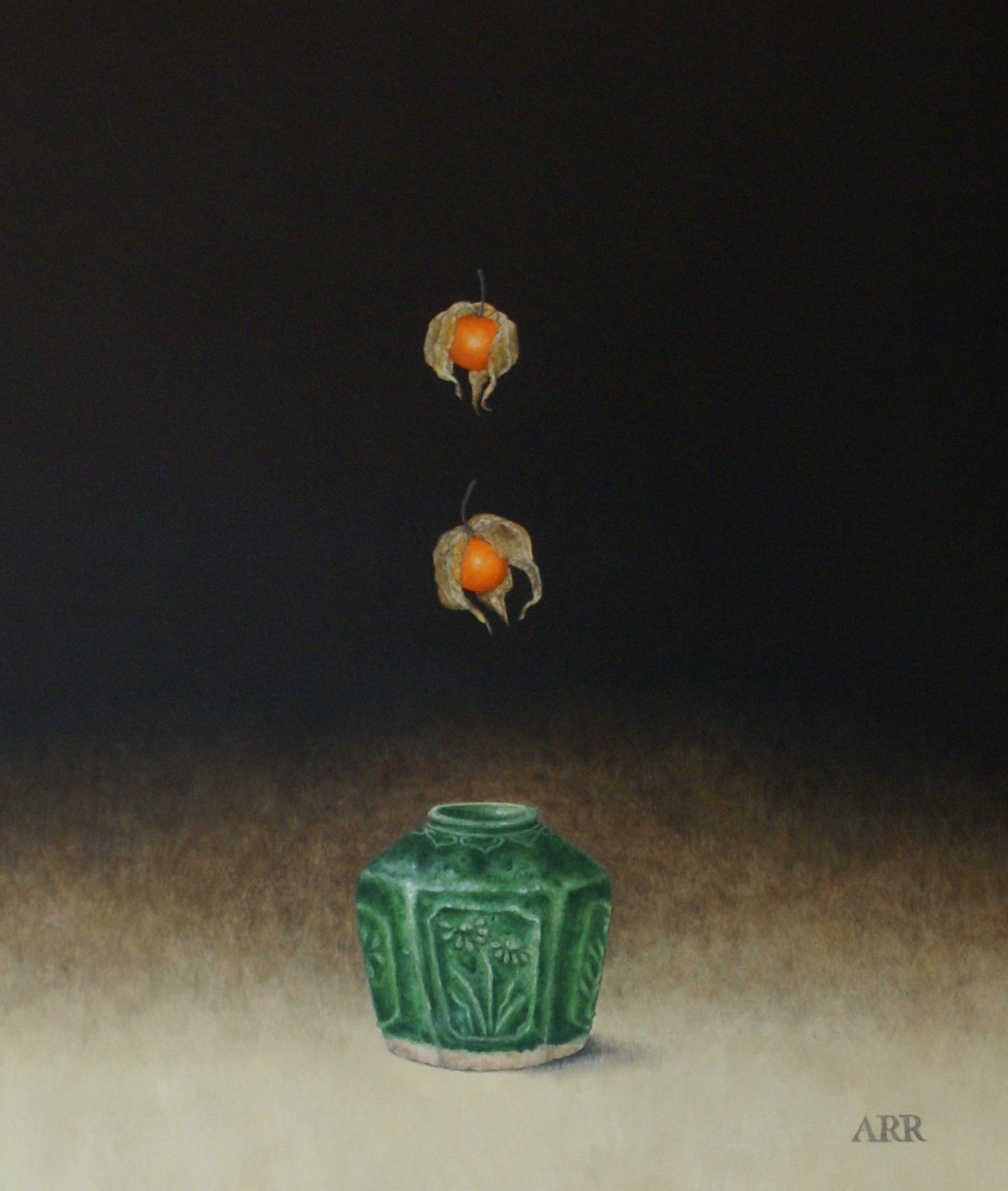 Falling Physalis with Green Ginger Jar by Alison Rankin