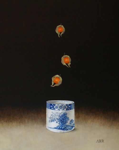 Alison Rankin - Blue and White Jar with Three Falling Physalis