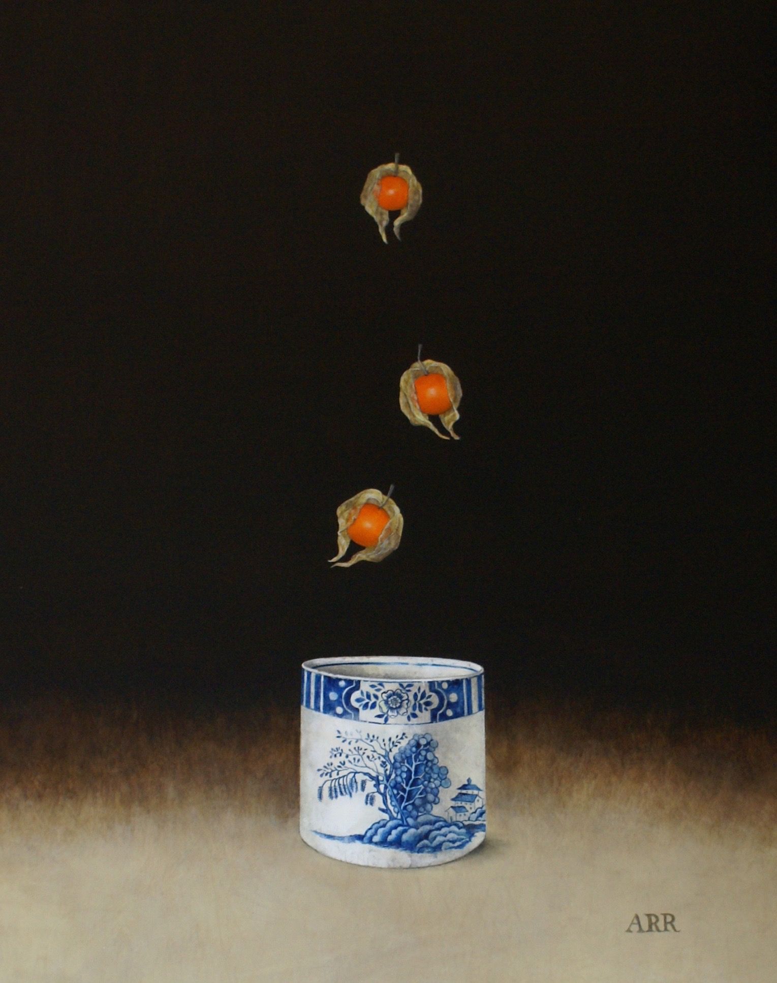 Blue and White Jar with Three Falling Physalis by Alison Rankin
