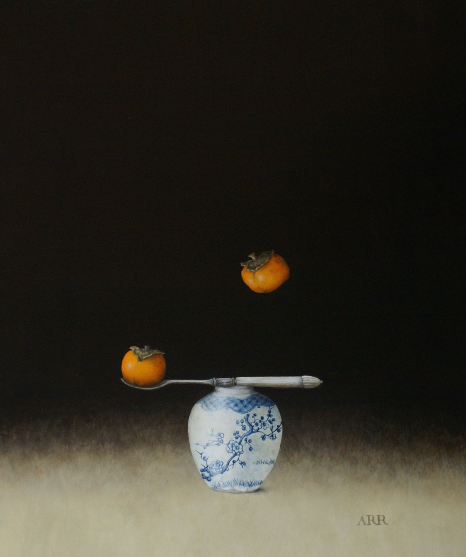 Blue and White Jar with Fork and Persimmon by Alison Rankin