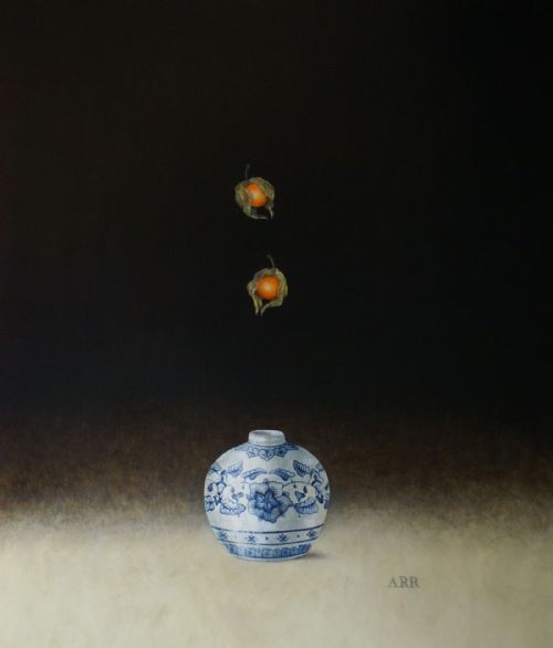 Alison Rankin - Blue and White Jar with Two Falling Physalis