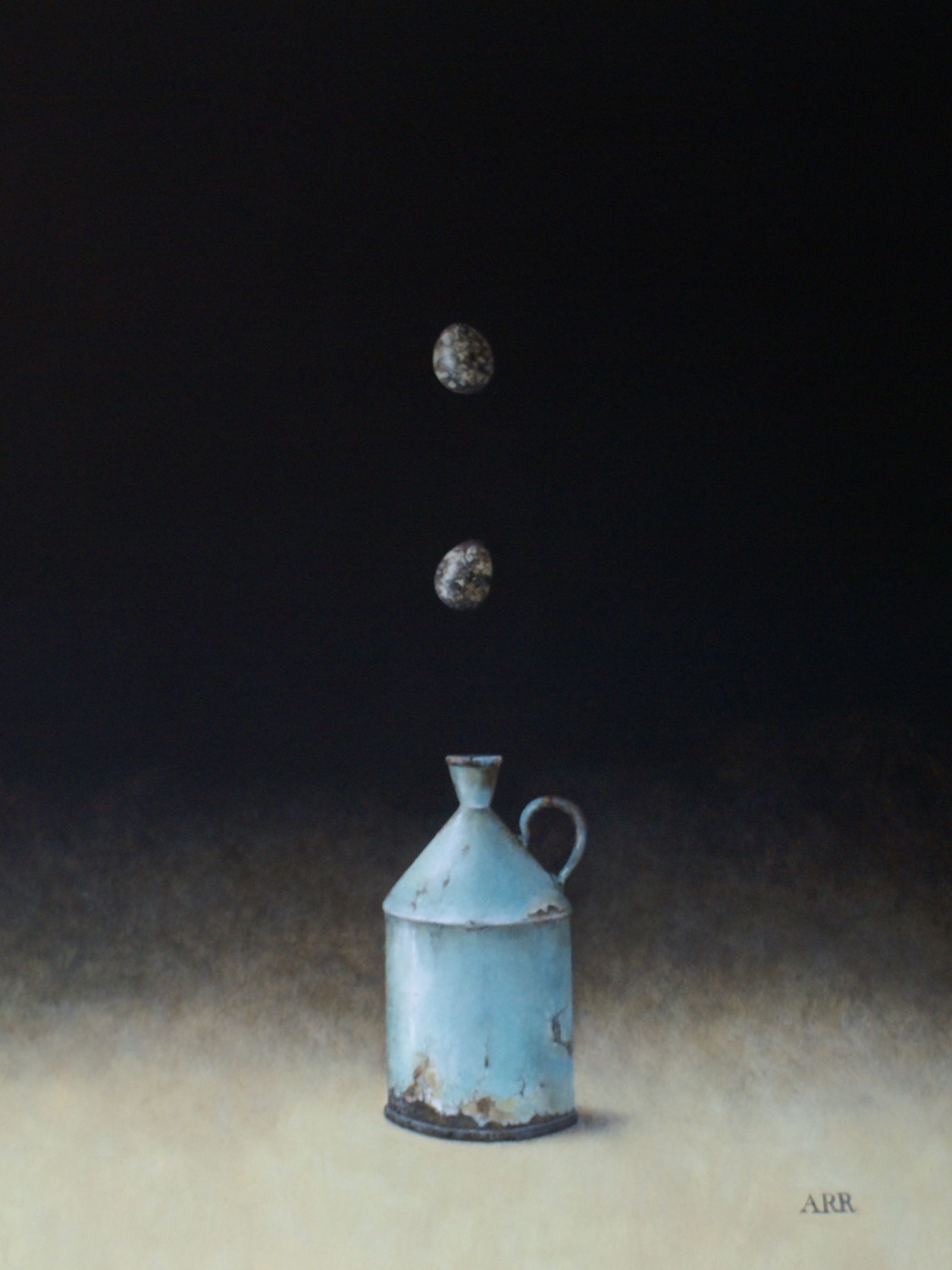Blue Enamel Flask with Falling Quails Egg by Alison Rankin