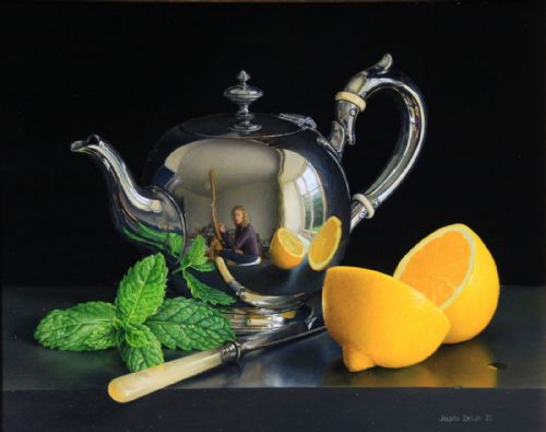 Jessica Brown - Still Life with Silver Teapot, Lemon and Mint