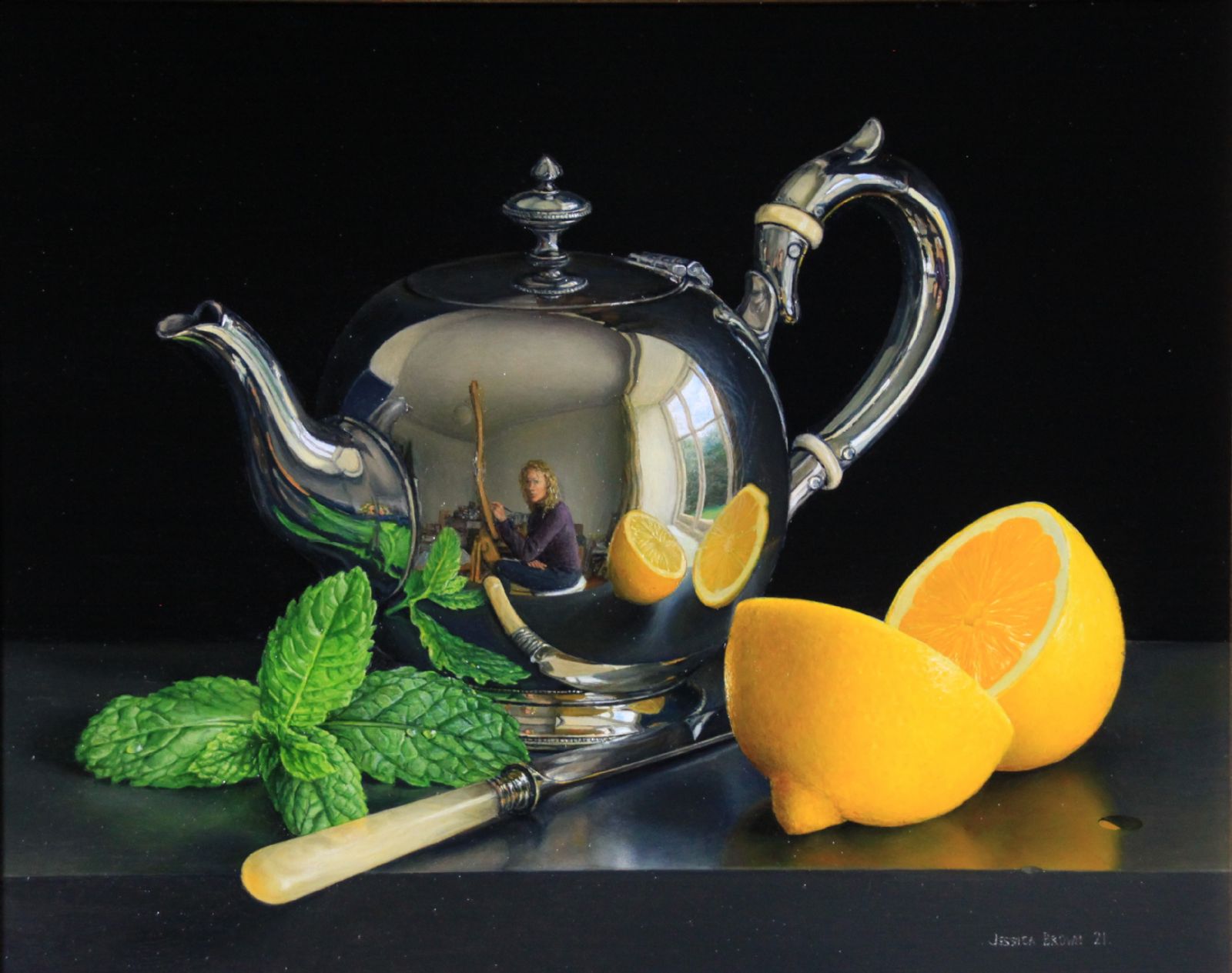 Still Life with Silver Teapot, Lemon and Mint by Jessica Brown