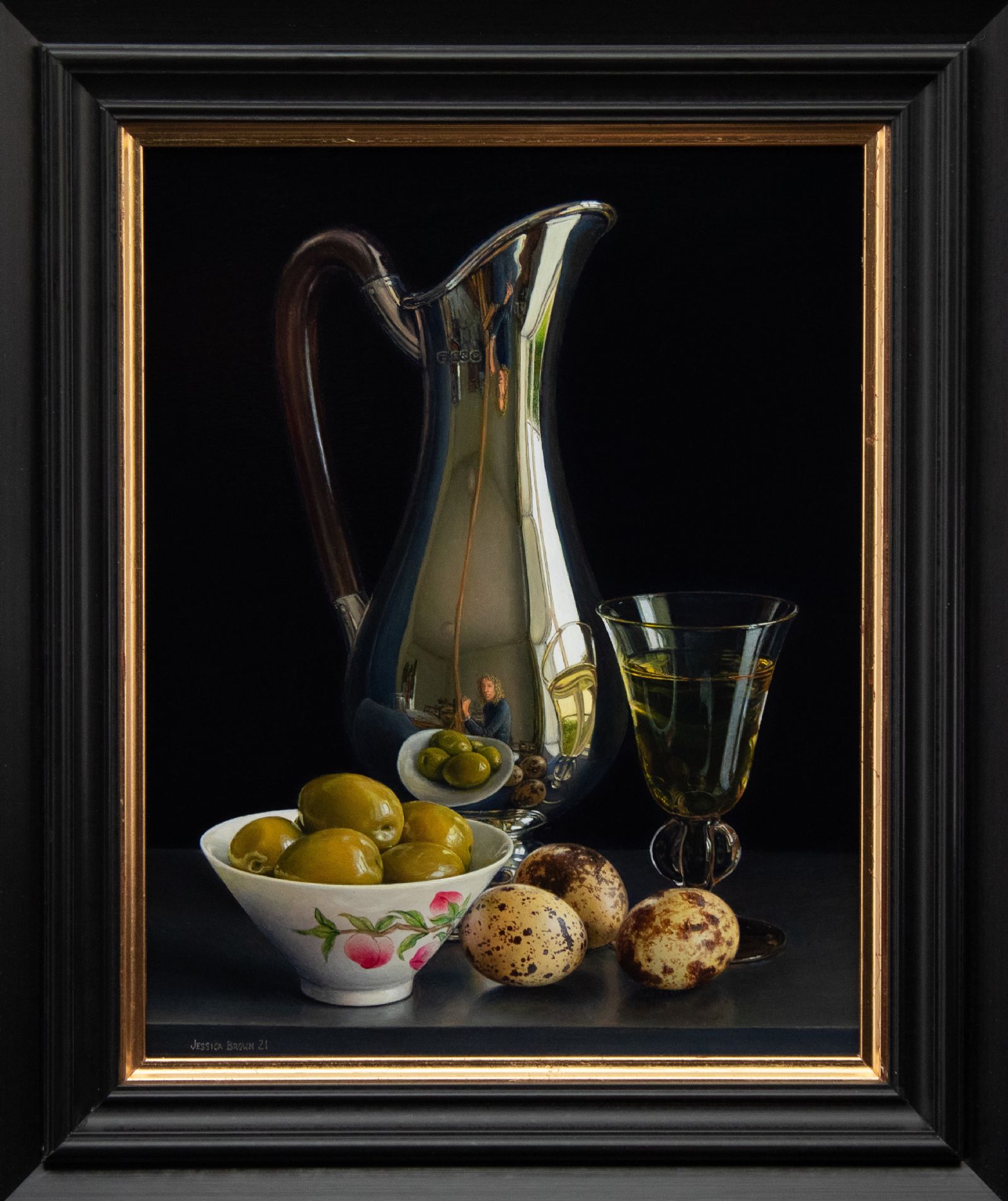 Still Life with Silver Jug, Quails Eggs and Olives in a Famille Rose Porcelain Bowl by Jessica Brown