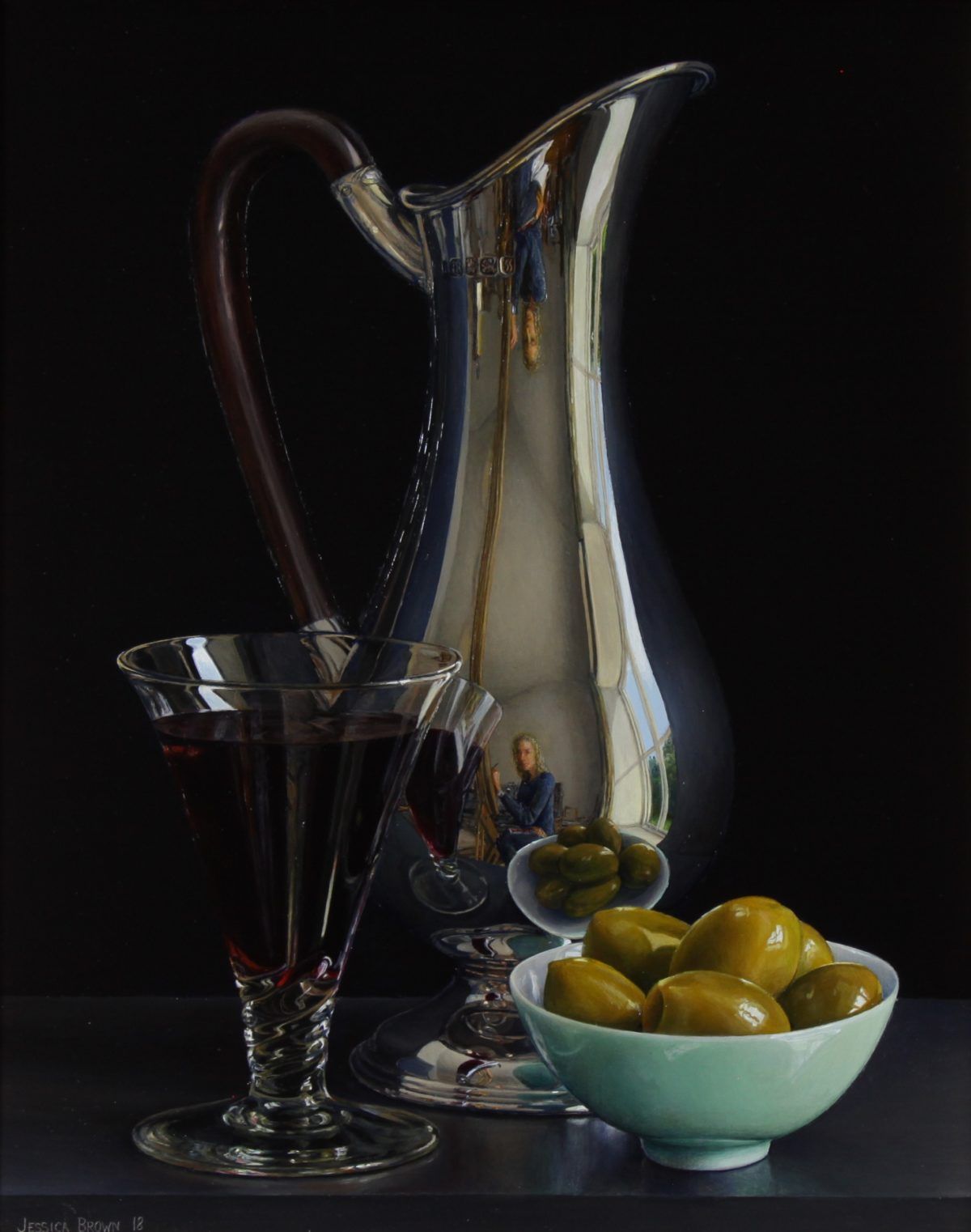 Still Life with Olives, Claret and Silver Art Nouveau Jug by Jessica Brown