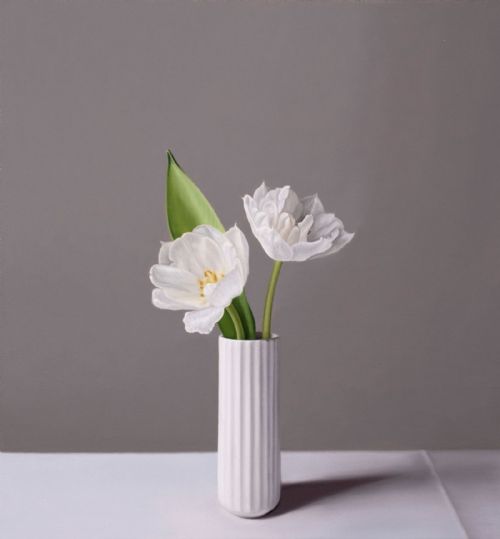Jo Barrett - Still Life with White Tulips and Ridged Vase 