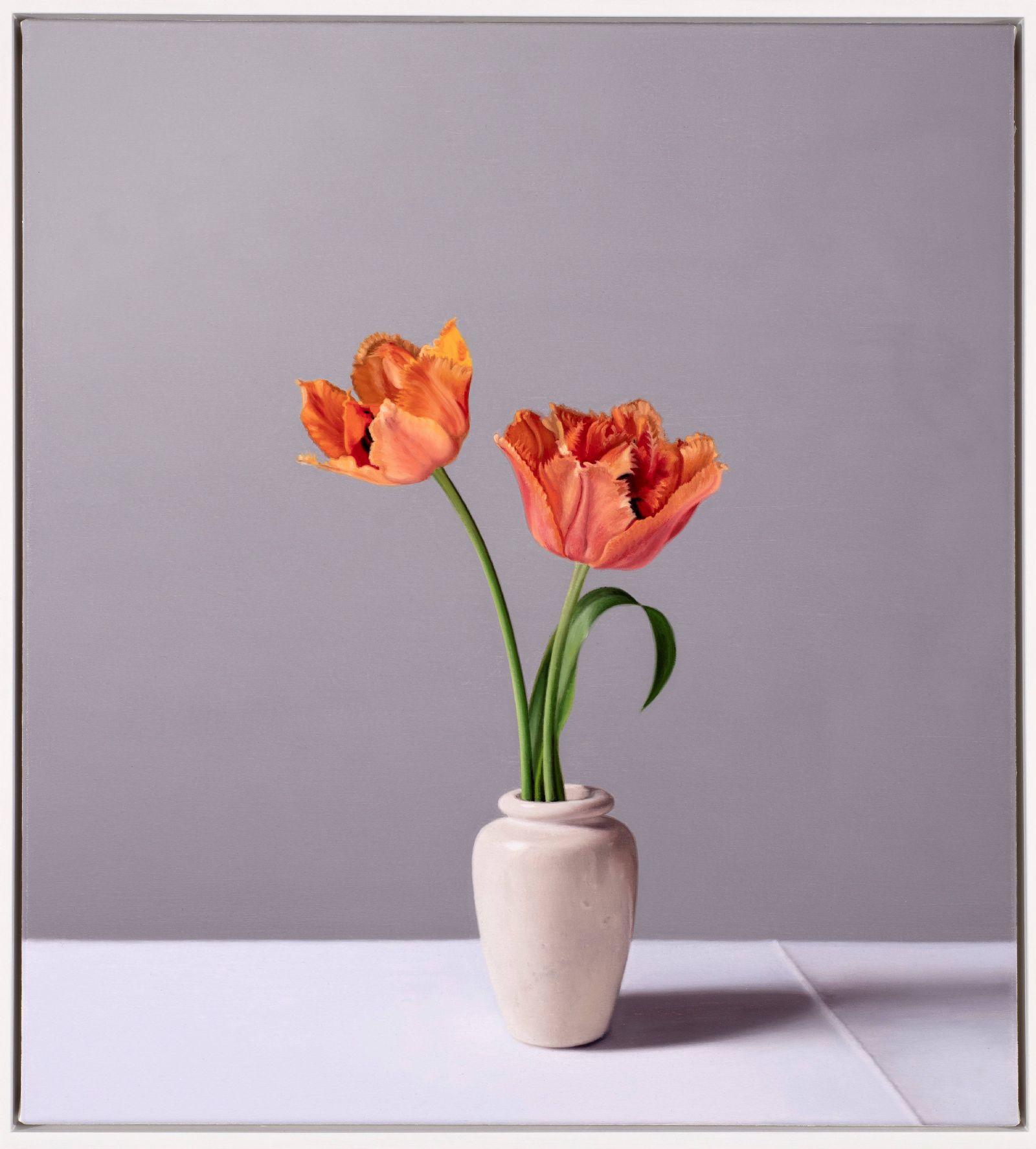 Still Life with Frilly Tulips and Stoneware Pot  by Jo Barrett