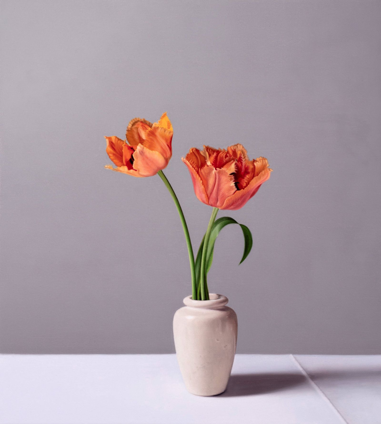 Jo Barrett - Still Life with Frilly Tulips and Stoneware Pot 