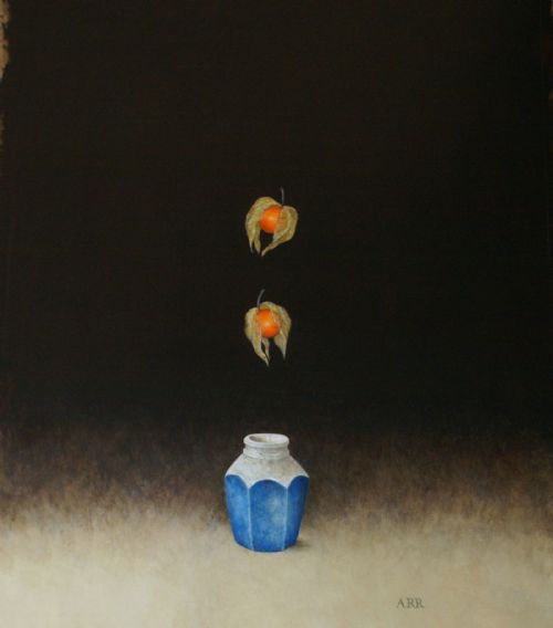 Alison Rankin - Old Blue Pottery Jar with Falling Physalis