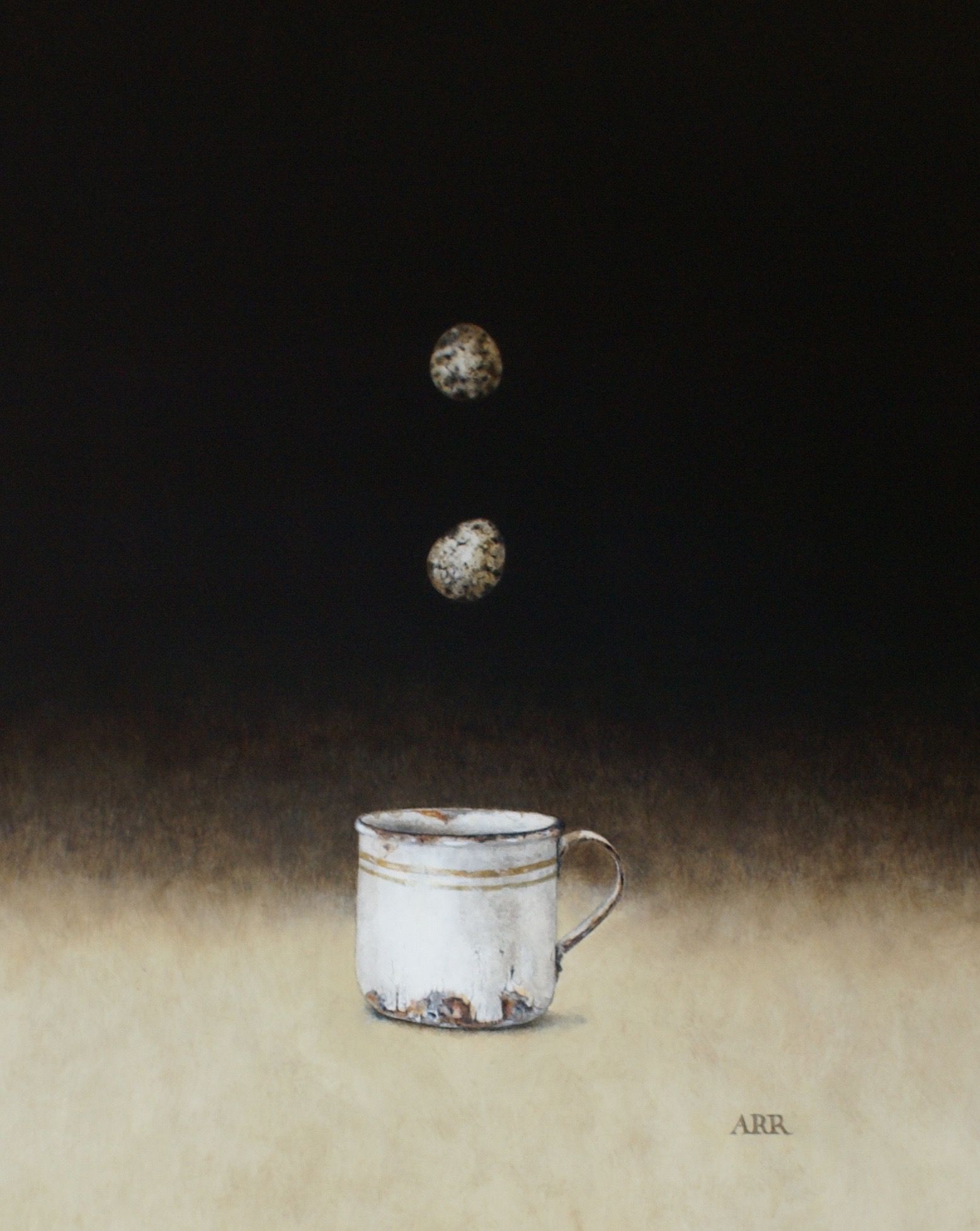 Old Enamel Mug with Falling Quail Eggs  by Alison Rankin