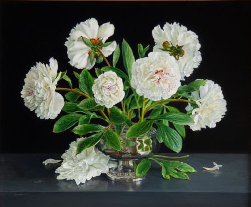 Jessica Brown - Still Life with White Peonies in a Silver Vase
