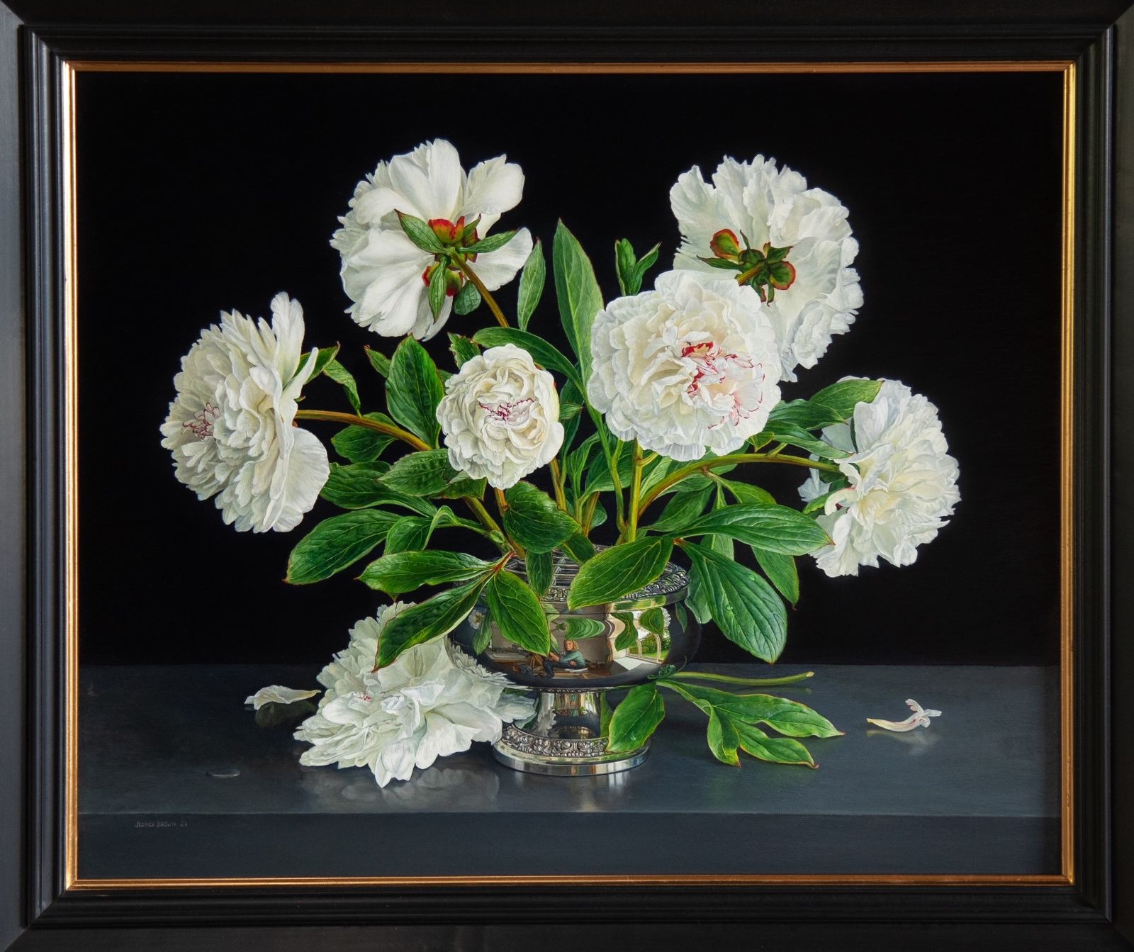 Still Life with White Peonies in a Silver Vase by Jessica Brown