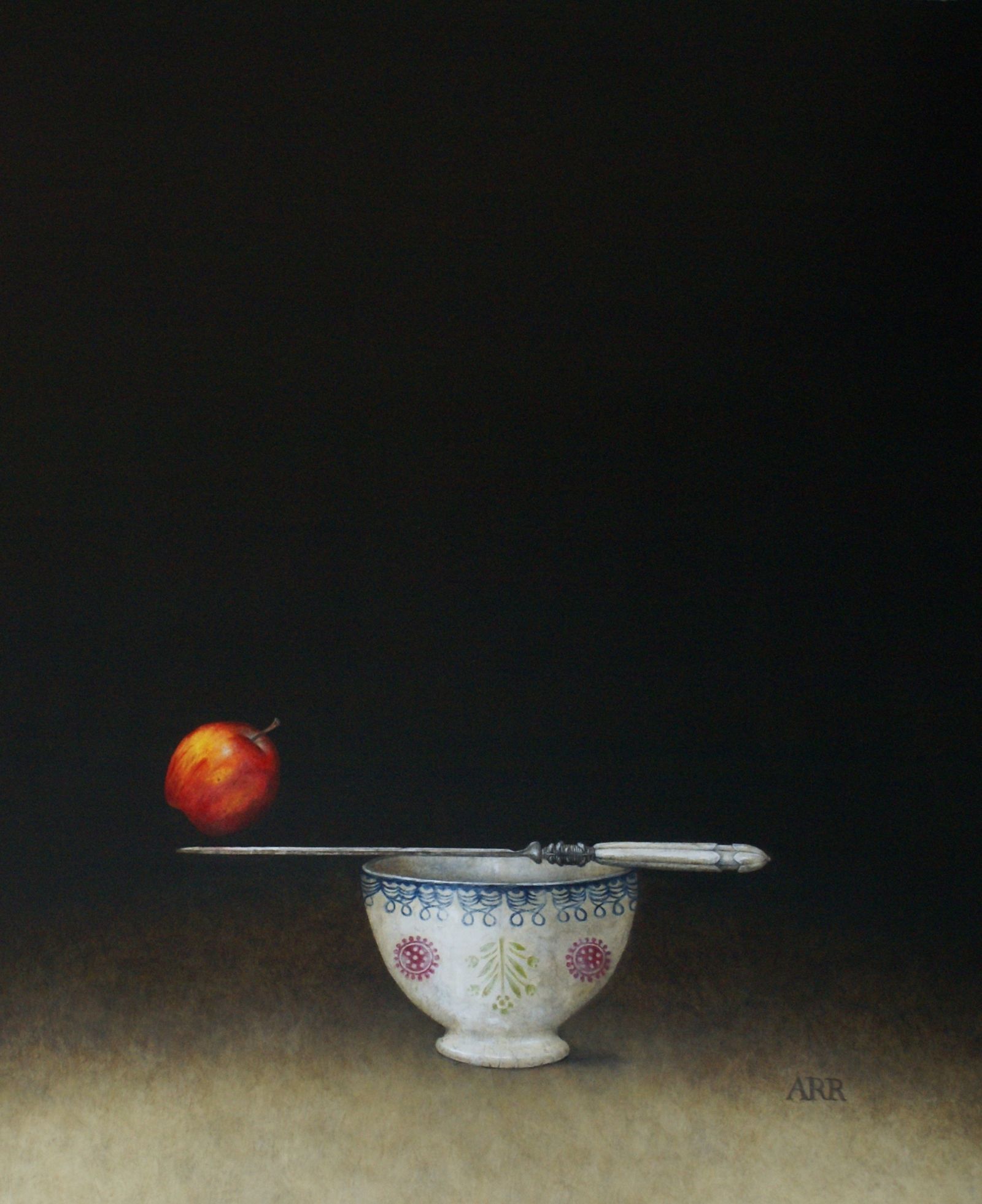 Spongeware Bowl with Knife and Balancing Apple by Alison Rankin