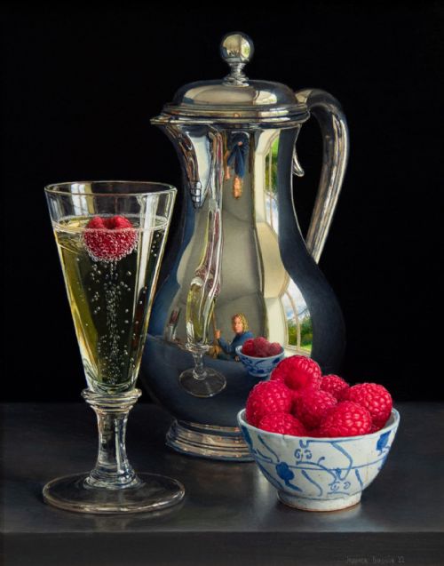 Jessica Brown - Still Life with Silver Jug, Champagne and Raspberries