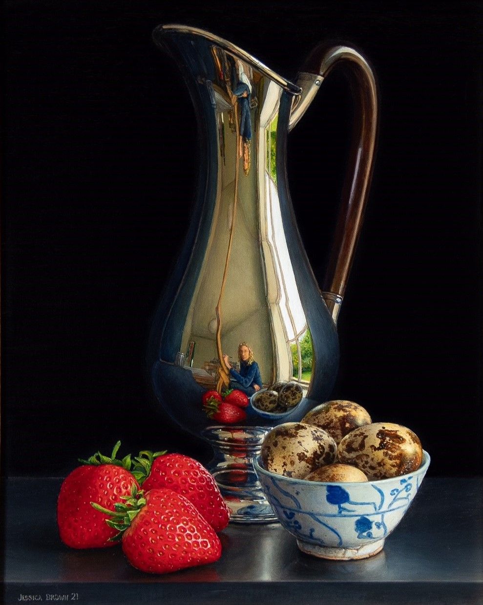 Still Life with Silver Jug, Quails Eggs and Three Strawberries by Jessica Brown