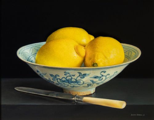 Jessica Brown - Still Life with Three Lemons in a Chinese Bowl and Fruit Knife 