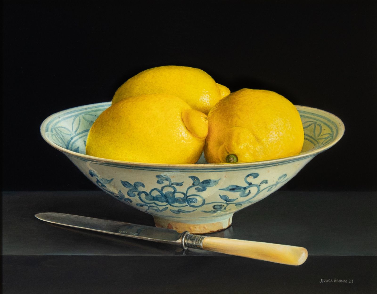 Jessica Brown - Still Life with Three Lemons in a Chinese Bowl and Fruit Knife 